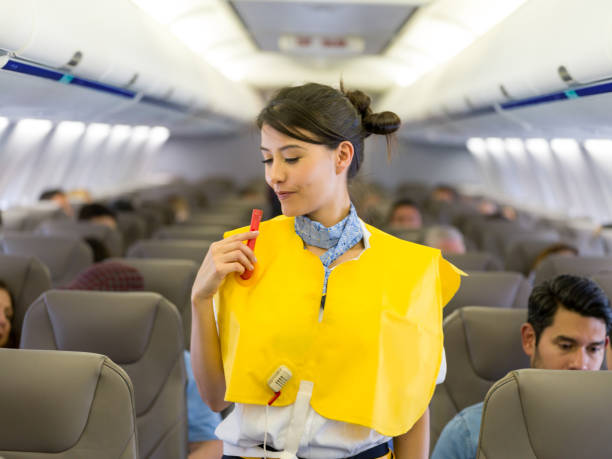 istock Flight attendant making an in-flight safety demonstration 1028360744