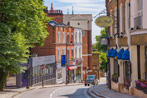 This is a view of Hampstead village shops and buildings, a residential area in North West London on June 11, 2018 in London