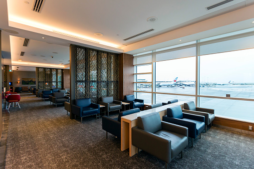 January 17, 2018 - Richmond, British Columbia, Canada: Interior of Air Canada Maple Leaf Lounge at YVR or Vancouver International Airport located in Richmond, British Columbia, Canada.