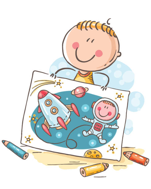 istock Little boy imagining himself an astronaut with a rocket in space, cartoon 1028368496