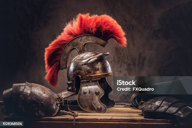 Complete Combat Equipment Of The Ancient Greek Warrior Lie On A Box Of Wooden Boards Stock Photo - Download Image Now