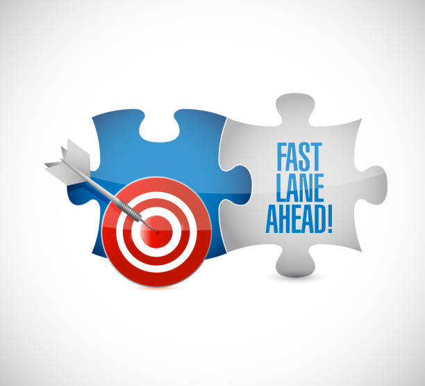 fast lane vor ziel puzzle-stücke nachricht - bulls eye stock-grafiken, -clipart, -cartoons und -symbole