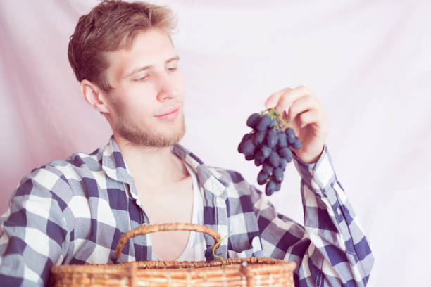 young man holding collected harvest with basket isolated