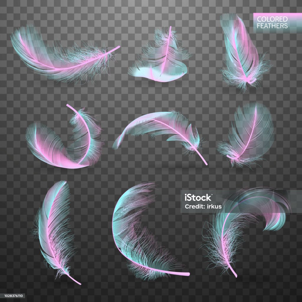 Set of isolated falling colored fluffy twirled feathers on transparent background in realistic style. Light cute feathers design. Elements for design. Vector Illustration Set of isolated falling colored fluffy twirled feathers on transparent background in realistic style. Light cute feathers design. Elements for design vector illustration Flying stock vector