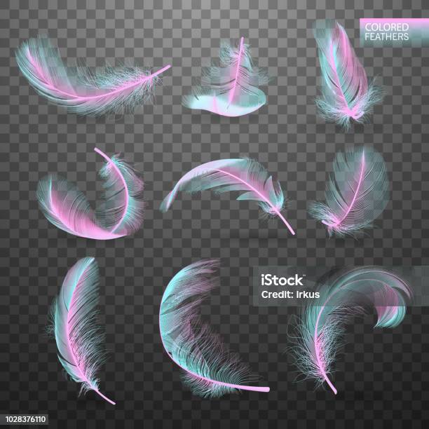 Set Of Isolated Falling Colored Fluffy Twirled Feathers On Transparent Background In Realistic Style Light Cute Feathers Design Elements For Design Vector Illustration Stock Illustration - Download Image Now