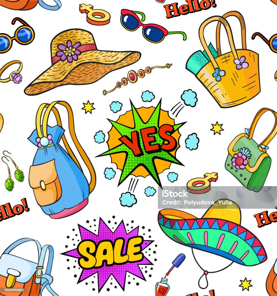 Background with fashion stickers Seamless background with colorful pop art style fashion stickers set. Handbag, backpack, sunglasses, hat, bijouterie, exclamation and other elements. Comic book style vector stickers, pins, patches, illustrations 1980-1989 stock vector