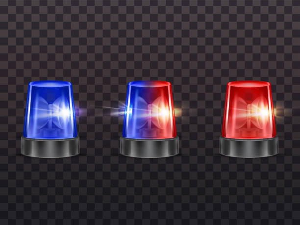 Vector realistic red, blue flashers. Emergency beacon Vector 3d realistic red and blue flashers. Police, ambulance or other municipal service siren with light, rotating alert lamp. Transparent beacon for emergency isolated on dark background. police lights stock illustrations