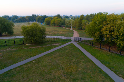 Entrance to the Kolomenskoye Museum-Reserve at dawn. Aerial photography.