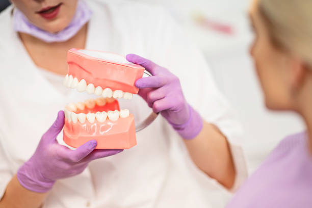 istock Female dentist holding dentures 1028397208