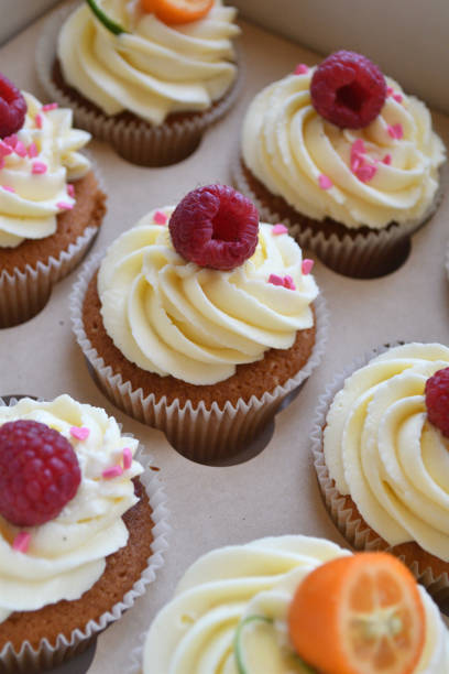 istock Vanilla cupcakes with fruits on top. 1028397266