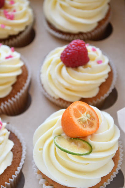 istock Vanilla cupcakes with fruits on top. 1028397322