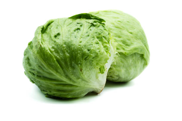 istock Two green iceberg lettuce isolated on white background 1028397632