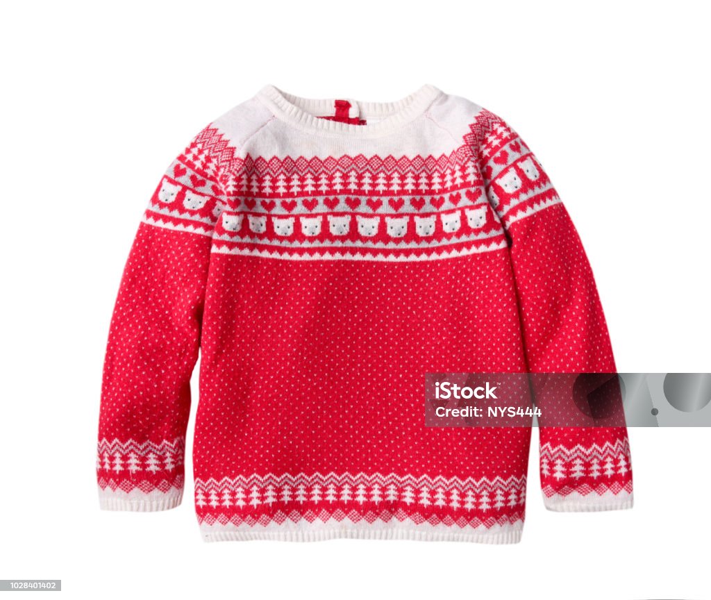 Il maglione natalizio del bambino ornato rosso isolato. - Foto stock royalty-free di Maglione