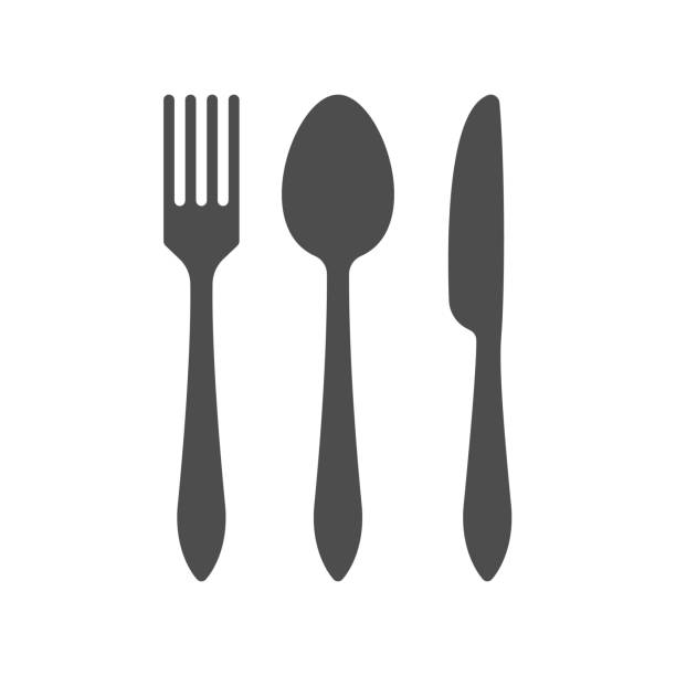 messer, löffel und gabel-symbol - fork silverware table knife spoon stock-grafiken, -clipart, -cartoons und -symbole