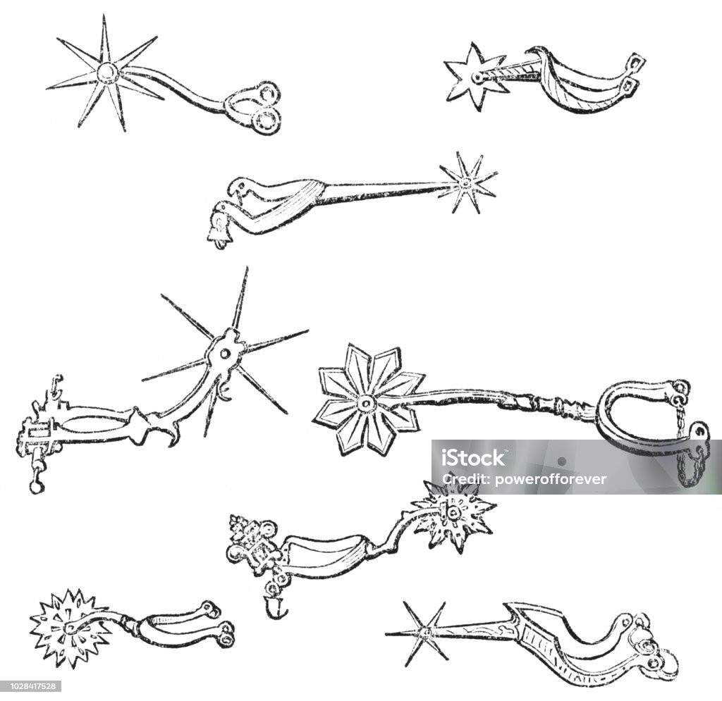 Various Examples of 15th Century Medieval Spurs Various examples of spurs used across the entire 15th century by medieval knights from the Works of William Shakespeare. Vintage etching circa mid 19th century. Spur stock illustration