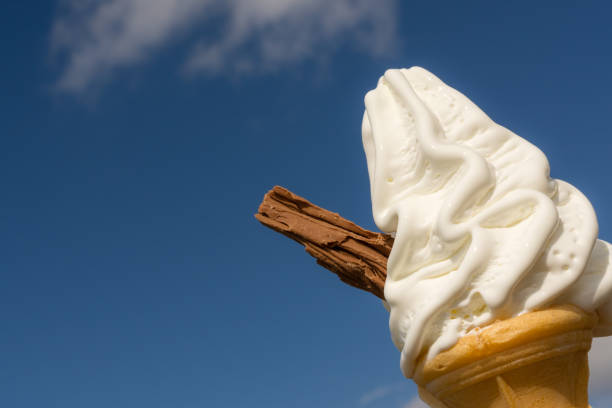 Soft ice cream in a cone with a chocolate flake, against a blue sky. In Great Britain and Ireland these sorts of ice creams are closely associated with the seaside and summer holidays. They are often referred to as '99s'.