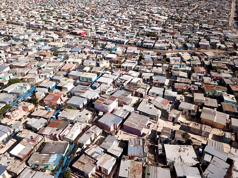 Aerial view overhead township in South Africa