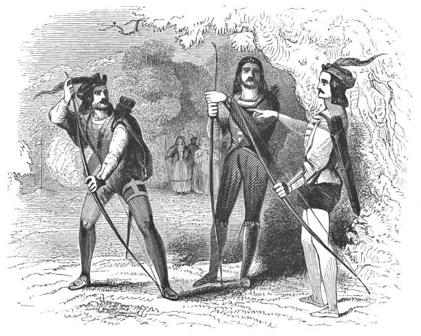 Robin Hood with Will Scarlet and Little John in Sherwood Forest Robin Hood with Will Scarlet and Little John in Sherwood Forest from the Works of William Shakespeare. Vintage etching circa mid 19th century. sherwood forest illustrations stock illustrations
