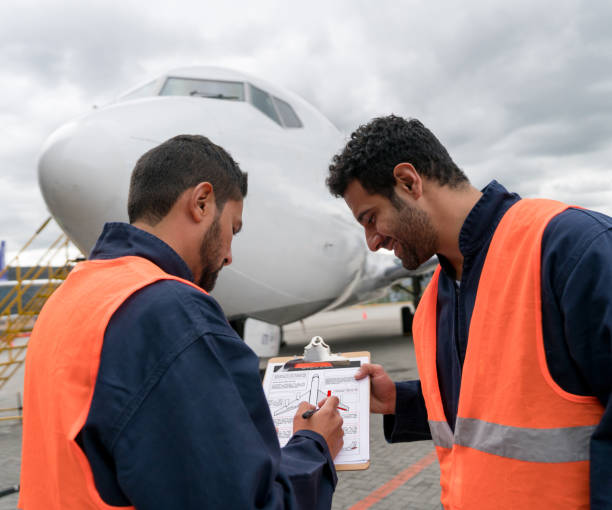 istock Ground crew checking airplanes at the airport 1028421600