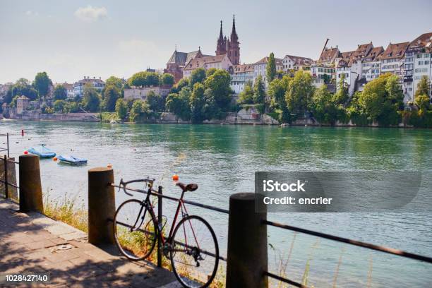View Of Rhine Embankment In Basel Switzerland Stock Photo - Download Image Now - Basel - Switzerland, Rhine River, Bicycle