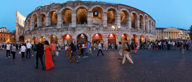 Verona, Italy - August 30, 2018: Verona Arena, the public is preparing to enter for the evening show of the last performance of the Barber of Seville.