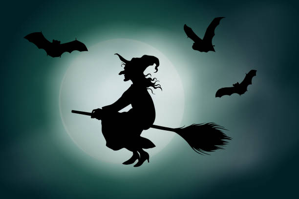 istock Vector witch flying on a broomstick in front of a full moon on green misty sky background. 1028435666