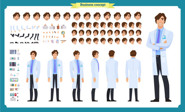 набор создания персонажей-ученых. человек, работающий в научной лаборатории на экспериментах. полная длина, разные взгляды, эмоции, жесты. с - scientist lab coat doctor male stock illustrations