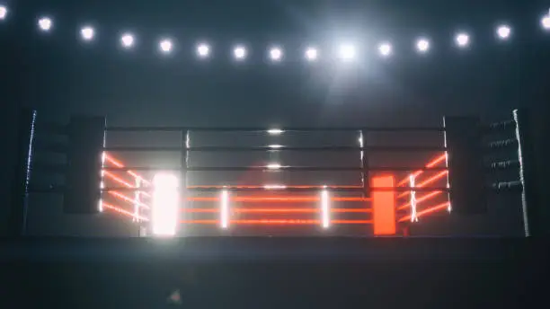 Boxing ring with shiny lights. 3D illustration