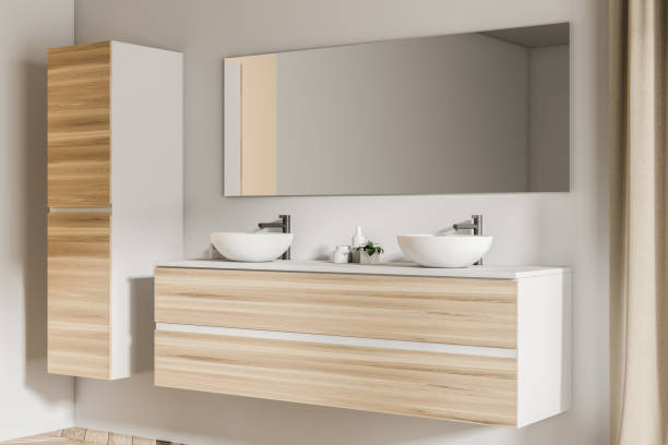 istock Double sink in white and wooden bathroom side 1028439994