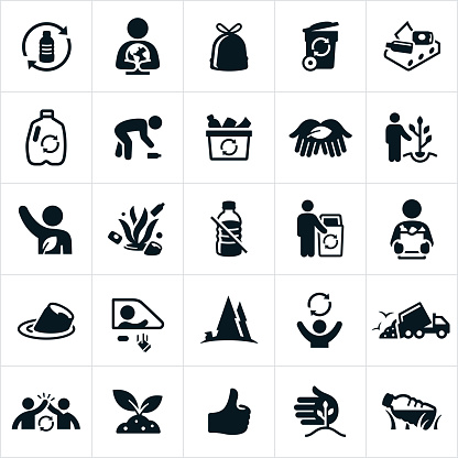 A set of recycling icons. The icons include recycle symbol, earth, protection, garbage, litter, garbage can, recycle facility, plastic, picking up trash, recycle bin, planting trees, person, volunteer, environmental conservation, soda can, deforestation, garbage dump, garbage truck, high five, thumbs up and litter in the ocean to name a few.