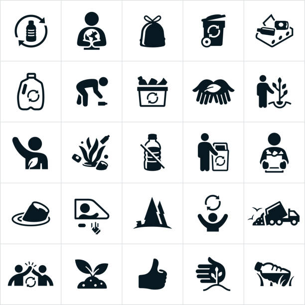 Recycle Icons A set of recycling icons. The icons include recycle symbol, earth, protection, garbage, litter, garbage can, recycle facility, plastic, picking up trash, recycle bin, planting trees, person, volunteer, environmental conservation, soda can, deforestation, garbage dump, garbage truck, high five, thumbs up and litter in the ocean to name a few. garbage bag stock illustrations