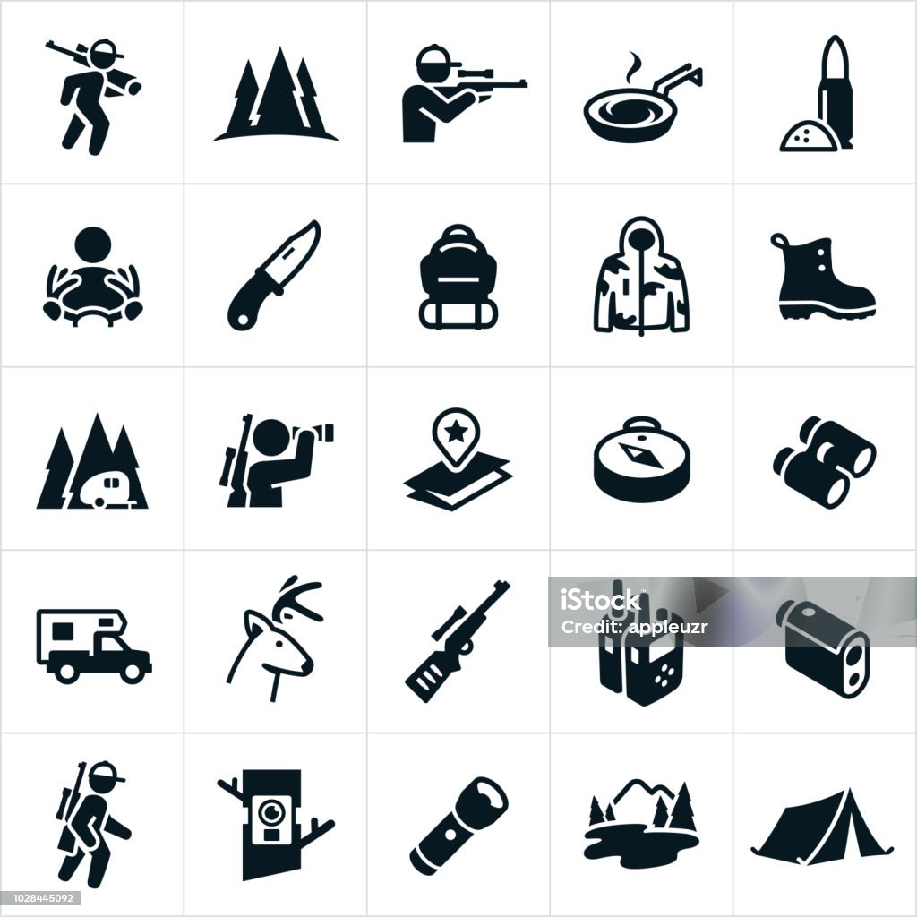 Hunting Icons A set of hunting icons particularly as they relate to deer hunting. The set of icons include a deer hunter, deer hunter carrying a rifle, deer hunter shooting a rifle, bullets, rifle, deer, buck, gear, hunting pack, hunting boots, travel trailer, camping, binoculars, map, compass, camper, 2-way radios, range finder, trail camera, flashlight, mountains and tent. Hunting - Sport stock vector