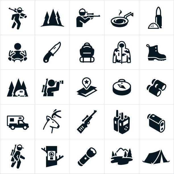 Hunting Icons A set of hunting icons particularly as they relate to deer hunting. The set of icons include a deer hunter, deer hunter carrying a rifle, deer hunter shooting a rifle, bullets, rifle, deer, buck, gear, hunting pack, hunting boots, travel trailer, camping, binoculars, map, compass, camper, 2-way radios, range finder, trail camera, flashlight, mountains and tent. hunting stock illustrations
