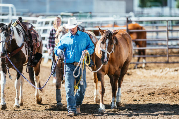 istock Cowboys with horses on the ranch 1028453186