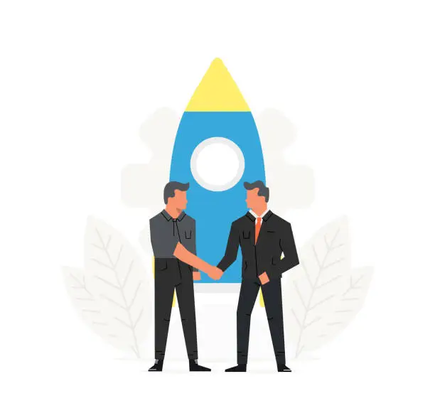 Vector illustration of Startup business illustration. Businessmen make a contract before the rocket. Innovation technology start up. Spaceship launch to the sky.