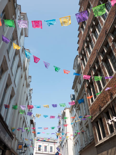 istock festive colorful flags in brussels, Belgium 1028457610