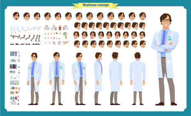 ilustrações de stock, clip art, desenhos animados e ícones de scientist character creation set. man working in science laboratory at experiments. full length, different views, emotions, gestures. build your own design. - laboratory doctor white collar worker research