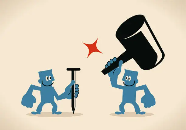 Vector illustration of One man holding big hammer and another man holding nail (teamwork)