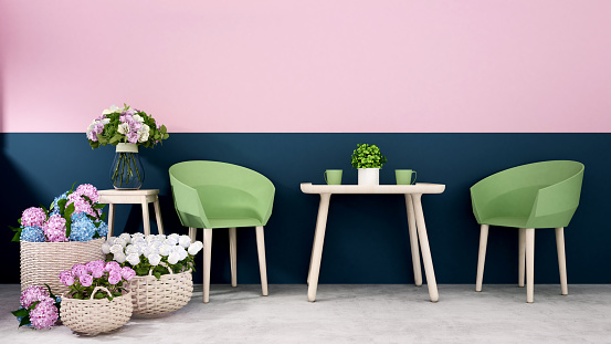 Restaurant or coffee shop decrate pink with dark blue wall and flower decoration - Dining area in home or apartment decoration colorful flower - Interior Design - 3D Rendering