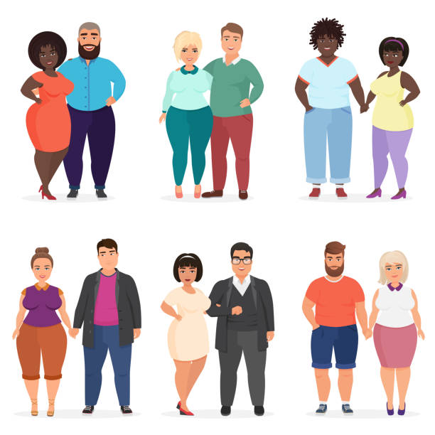 Vector Cartoon happy and smiling plus size people couples. Man and woman. Curvy, overweight fat people in casual dress clothes. Vector Cartoon happy and smiling plus size people couples. Man and woman. Curvy, overweight fat people in casual dress clothes low body fat stock illustrations