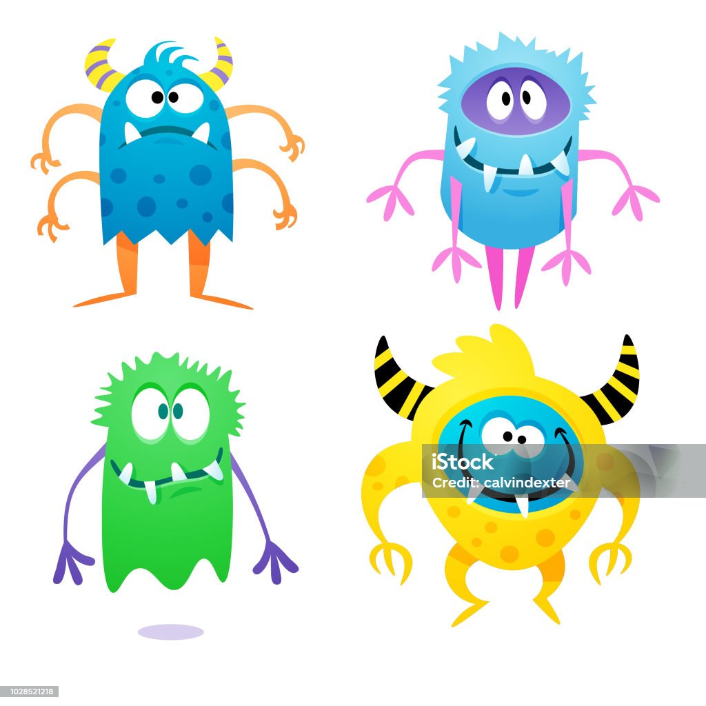 Cute quirky monsters Vector illustration of some hand drawn cute and colorful monsters for using in design projects, book covers, stories for children and young adult readers or any website or design idea or concept Monster - Fictional Character stock vector