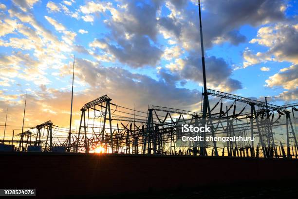 Substation In The Evening The Silhouette Of The Power Supply Facilities Stock Photo - Download Image Now