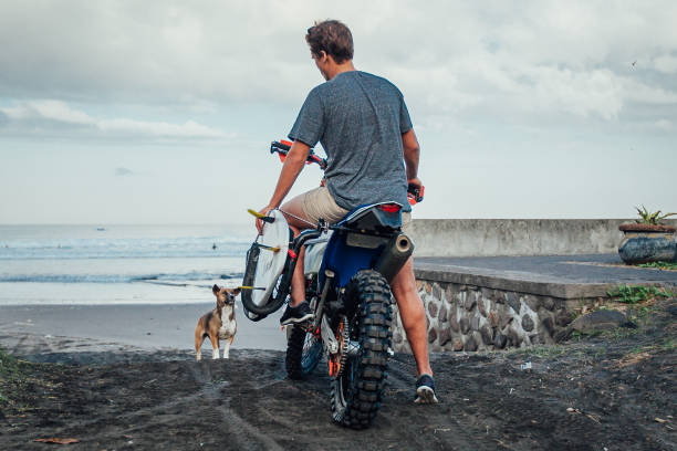 Young man on the motorcycle with surf board on sandy seashore Young man on the motorcycle with surf board on sandy seashore looking at the dog surfboard fin stock pictures, royalty-free photos & images