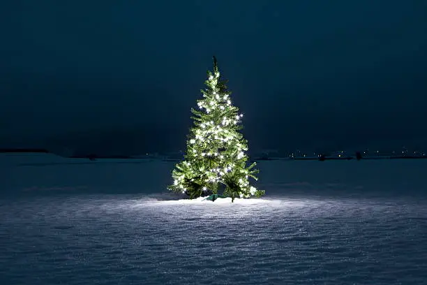 Photo of Illuminated christmas tree on the snow at night