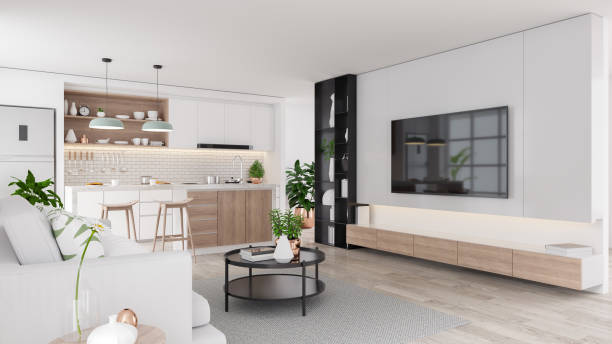 istock Modern mid century living and kichen room interior concept design,cozy home ,3drender 1028572354