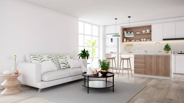 istock Modern mid century living and kichen room interior concept design,cozy home ,3drender 1028572370