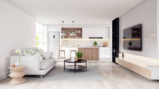 istock Modern mid century living and kichen room interior concept design,cozy home ,3drender 1028572374