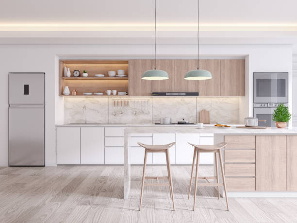 элегантный современный интерьер кухонной комнаты, пространство .3drender - b4 стоковые фото и изображения