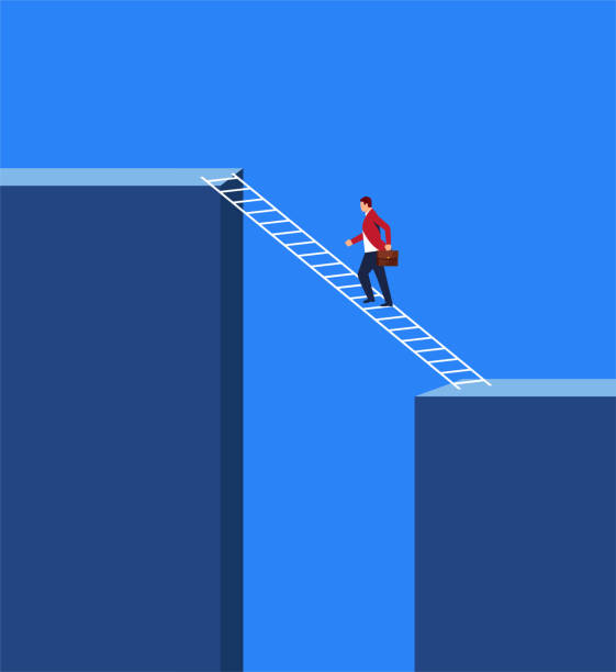 illustrazioni stock, clip art, cartoni animati e icone di tendenza di uomo d'affari sale in un posto più alto con una scala - cliff ladder business problems