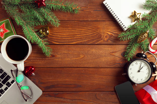 istock Flat lay Christmas decoration Office workplace 1028613284